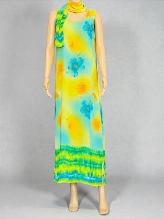 A Wild Thyme Dresses & Skirts - Sleeveless Yellow & Aqua Floral Maxi Dress with Scarf